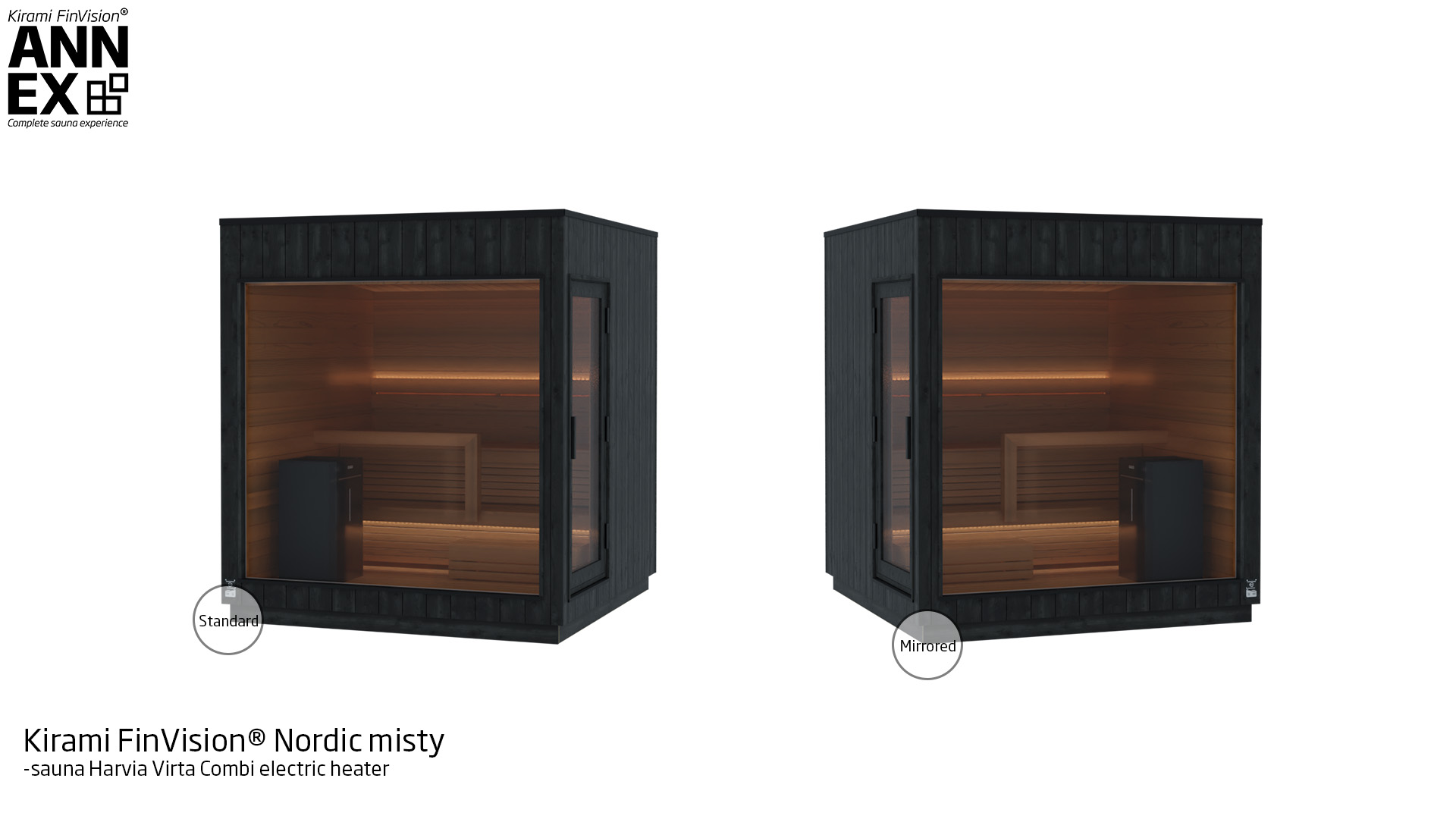 Kirami FinVision® -sauna M Nordic misty, with Harvia Electric heater| Kirami FinVision® Annex