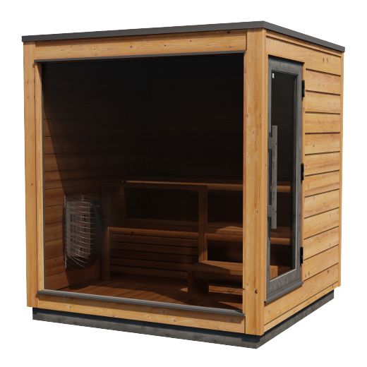 ThermaSol Nordic Dawn Sauna Cabin exterior showing unified pine cladding and full-width panoramic window