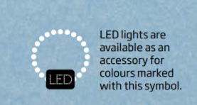 LED lights are available as an accessory for colours marked with this symbol | Kirami