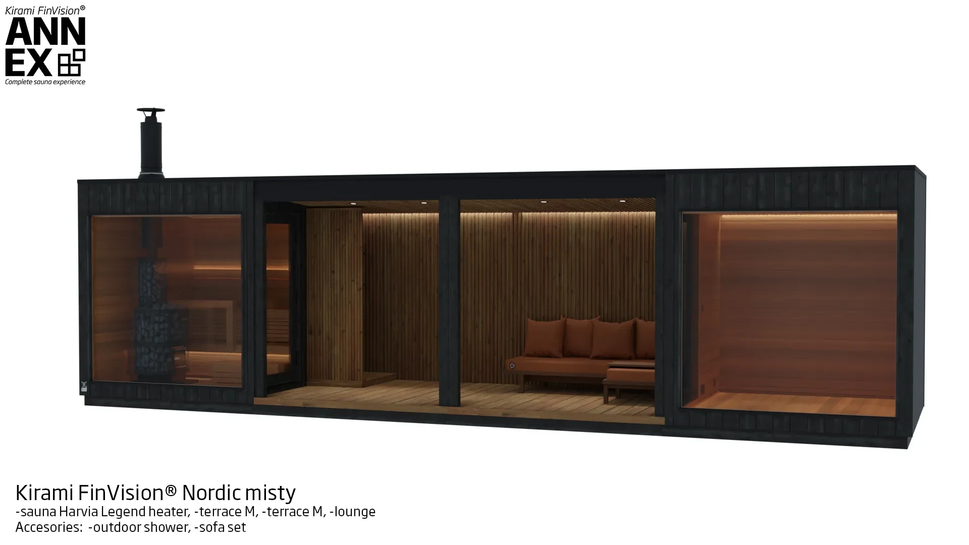 Kirami FinVision® -sauna (with Harvia Legend heater), -terrace M, -terrace M, -lounge Misty | Kirami FinVision® Annex