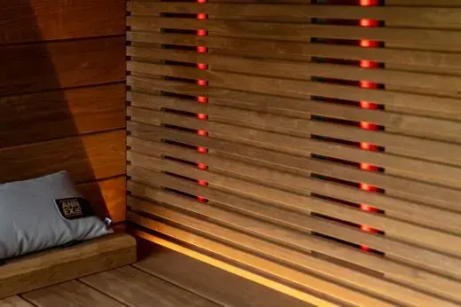 LED light strips above and below benches – Kirami FinVision® -sauna M Misty with infrared setup | Outdoor sauna